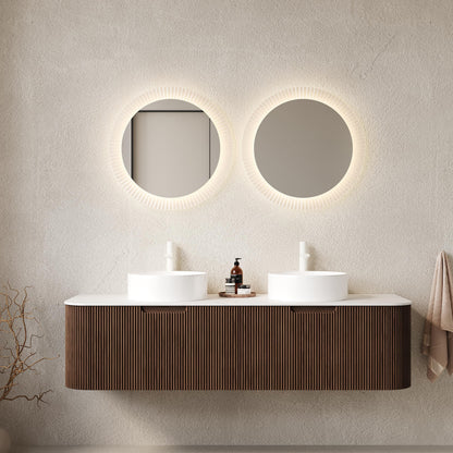 KEIKI 60" Floating Bathroom Vanity with Sink, Double Basin Wall Vanity Cabinet with Curved Edges, 2 Soft-Close Drawers, Pre-Assembled Bathroom Storage Vanity, Walnut