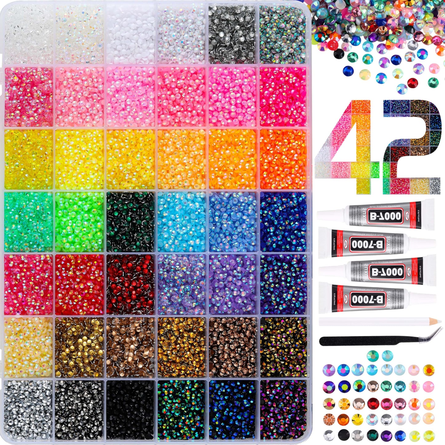 LERBOU 37800pcs Bedazzling Kit with 42 Colors Resin Jelly Rhinestones, 4×10ml B7000 Jewelry Glue Multicolor 3mm Flatback Sparkling Gems for Nail Art, Crafts, Clothing, Diamond Painting