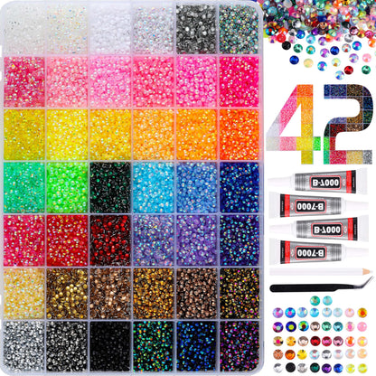 LERBOU 37800pcs Bedazzling Kit with 42 Colors Resin Jelly Rhinestones, 4×10ml B7000 Jewelry Glue Multicolor 3mm Flatback Sparkling Gems for Nail Art, Crafts, Clothing, Diamond Painting