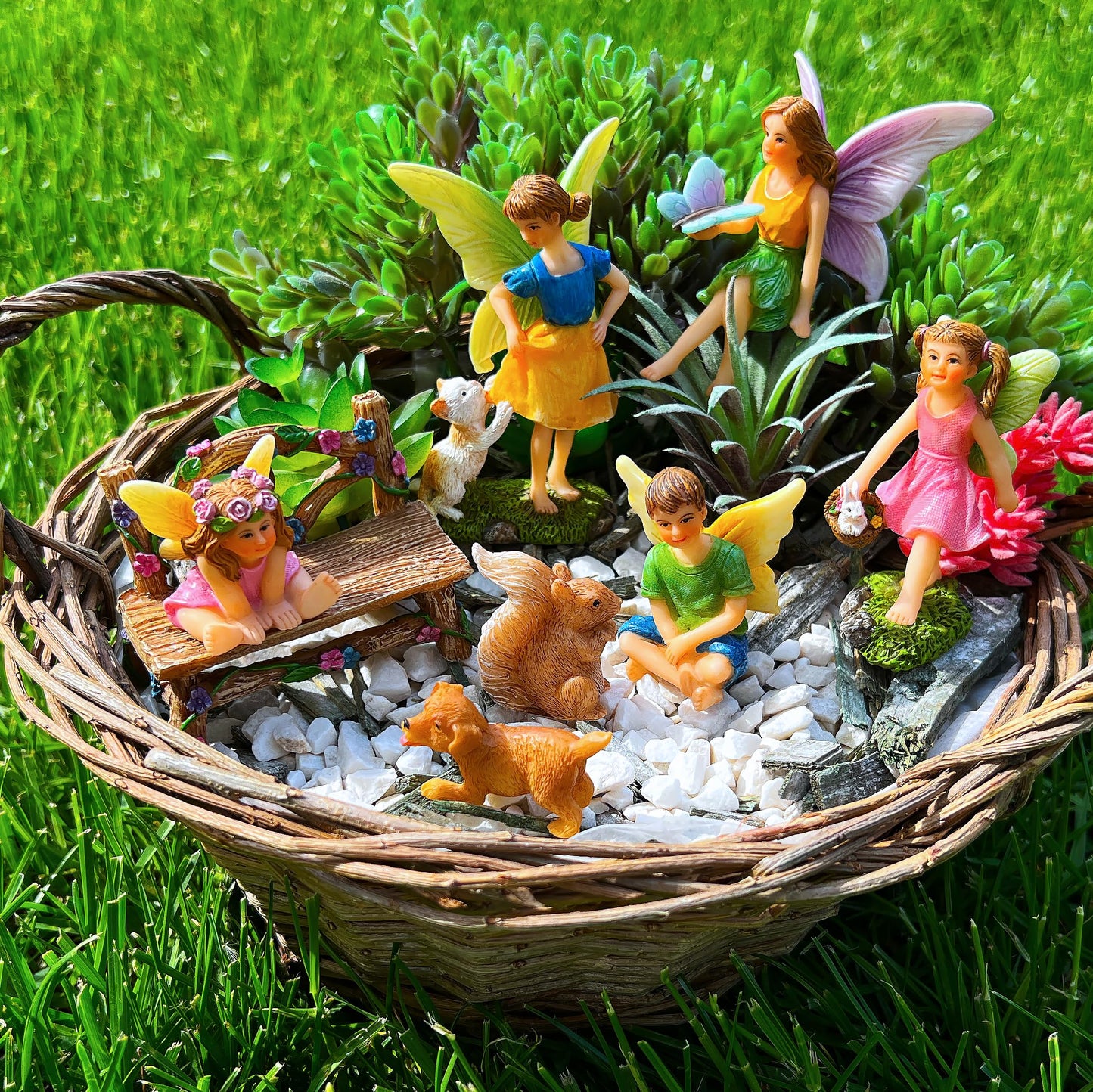 Mood Lab Fairy Garden Figurines with Animals - Miniature Decorative Statues & Accessories Set (8 pcs) - Outdoor & Indoor Garden Decor