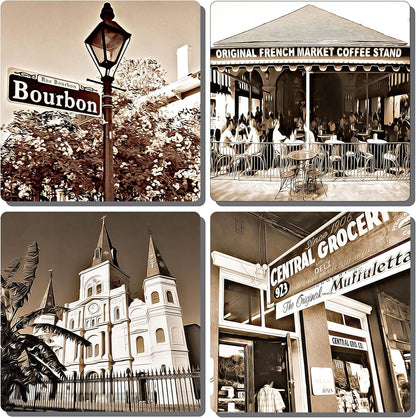 EXIT82ART - Stone Drink Coasters (Set of 4), New Orleans French Quarter, Vintage Black and White Images, Tumbled Stone,