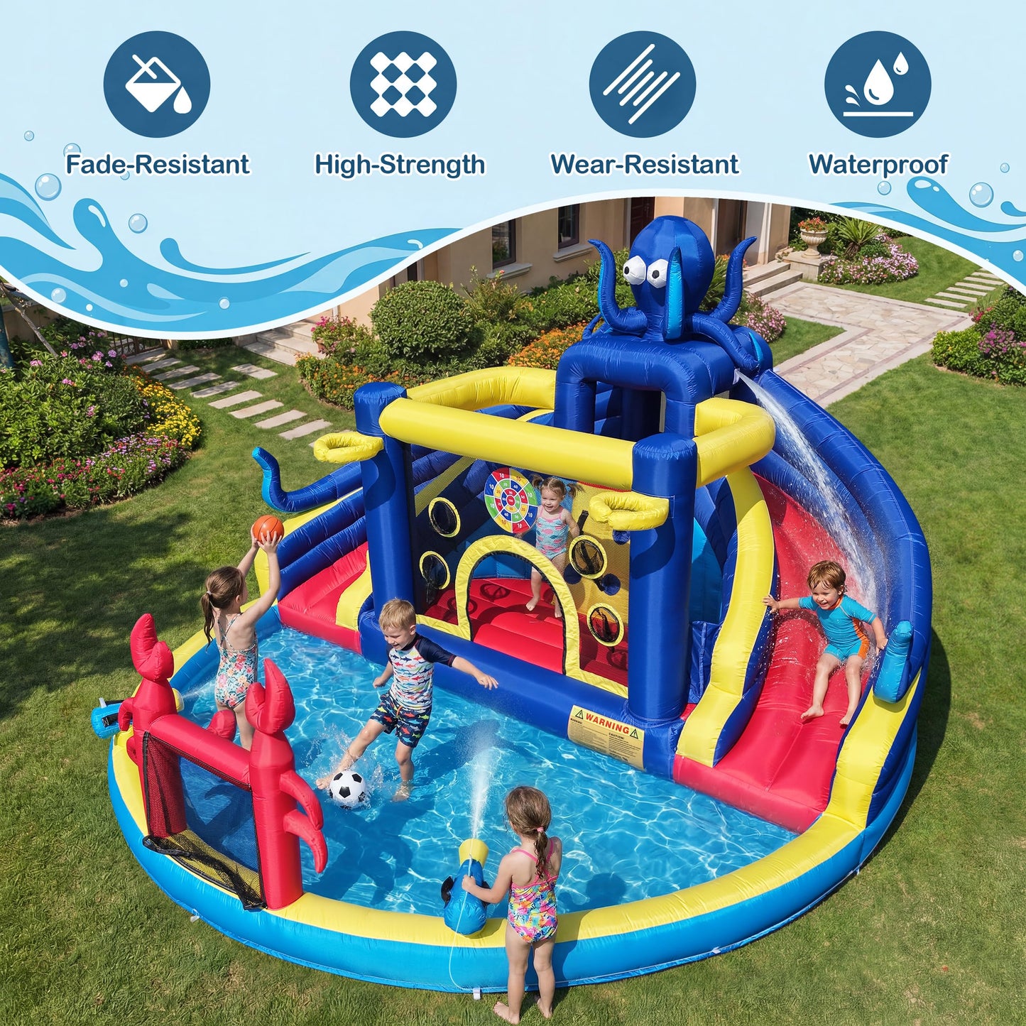 TOAOB Inflatable Water Slide for Kids 3-12: Blow Up Backyard Water Park with 550W Blower- 8 in 1 Octopus-Themed with 2 Slides for Outdoor Birthday Party