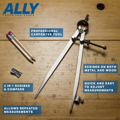 ALLY Tools 8 Inch Precision Locking Spring Divider/Woodworking Compass with Pencil Holder INCLUDES Two Pencils and Pencil Sharpener Ideal for Drawing, Drafting, Carpentry