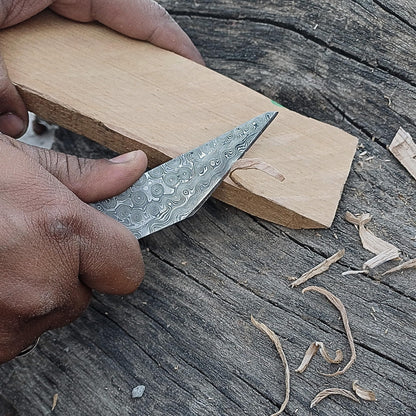 HAWK KNIVES Handmade Damascus Steel Blade Kiridashi Knife - 2.5 in Professional Woodworking, Marking, Wood Carving Tool & Leather Sheath