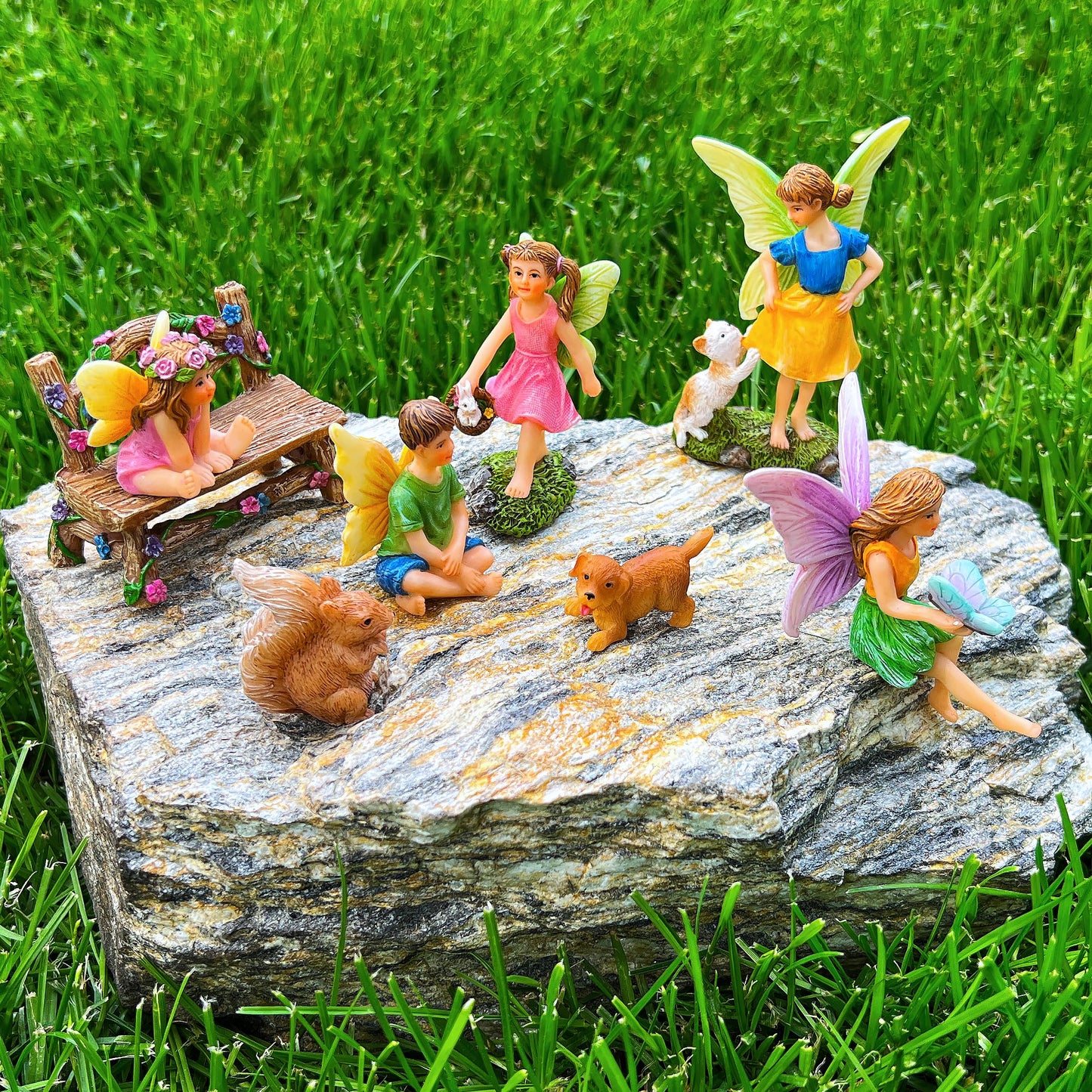 Mood Lab Fairy Garden Figurines with Animals - Miniature Decorative Statues & Accessories Set (8 pcs) - Outdoor & Indoor Garden Decor