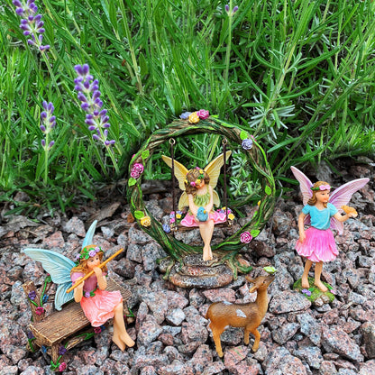 Mood Lab Fairy Garden Figurines with Swing - Miniature Decor Set (6 pcs) - Statues & Accessories - Outdoor & Indoor Garden Decor