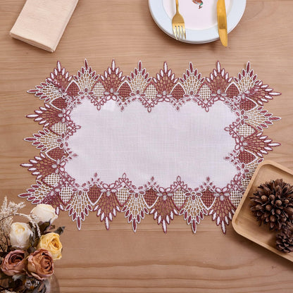 14x20 Set 2 (Set 2, White Dark Red Linen Lace Placemats of Coffee Table Topper Dresser Scarf Place Mats of Dark Red)