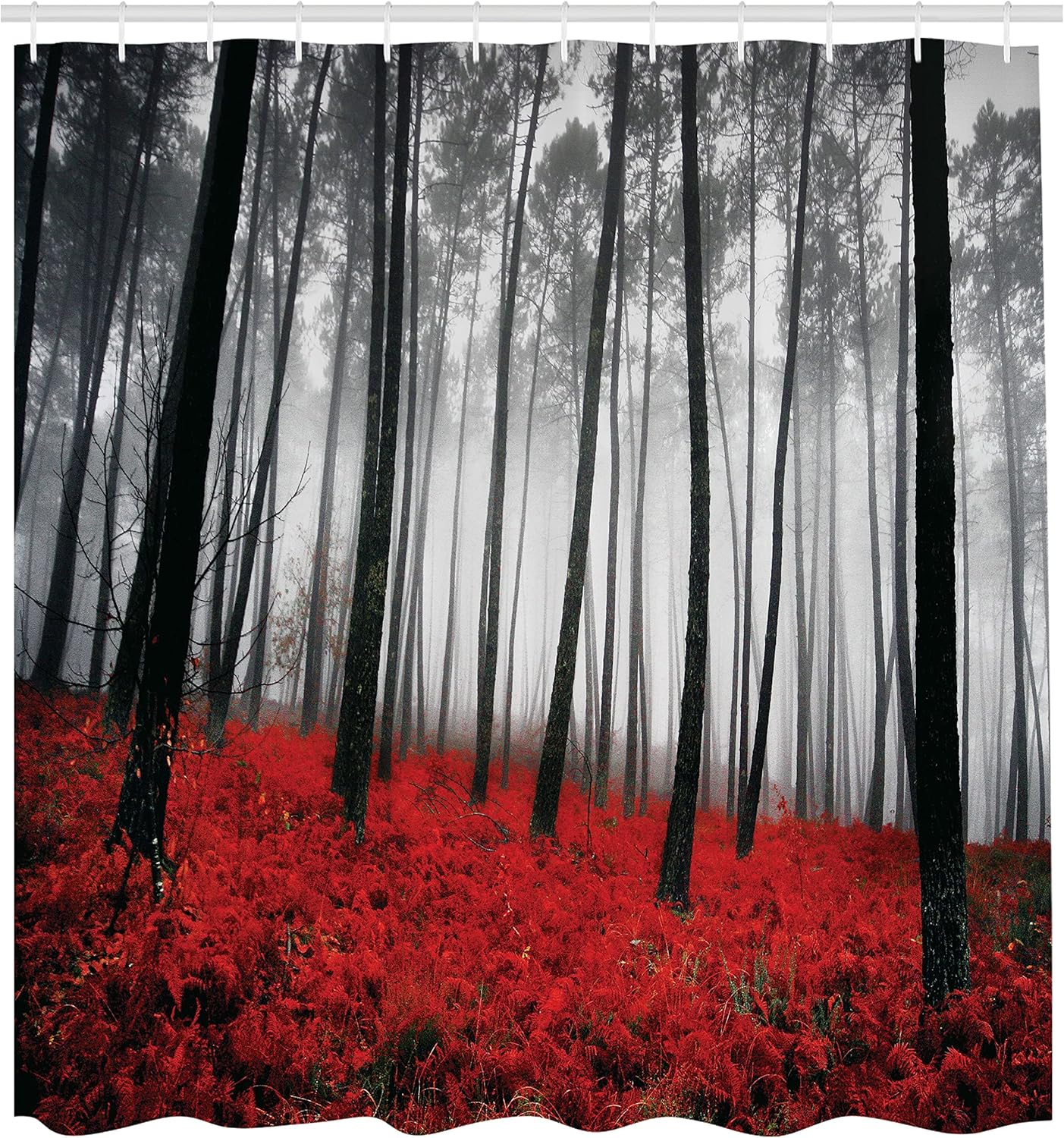 Ambesonne Forest Shower Curtain, Mystical Woodland Fog Trees Art Photography, 69" W x 70" L, Red Grey.