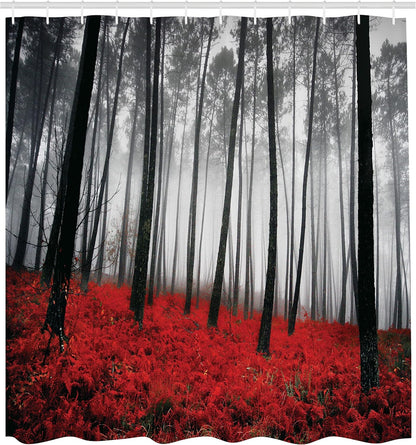 Ambesonne Forest Shower Curtain, Mystical Woodland Fog Trees Art Photography, 69" W x 70" L, Red Grey.