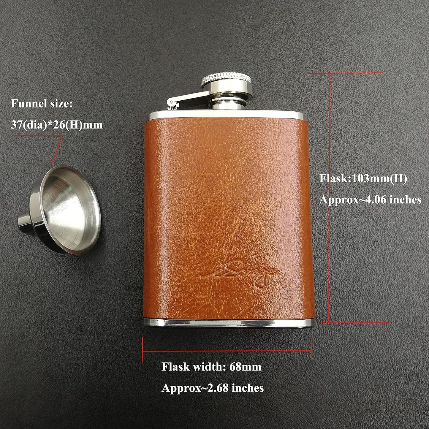 3oz Brown Red Leather Wrapped Hip Flask with Funnel, 18/8 Stainless Steel (YM102)