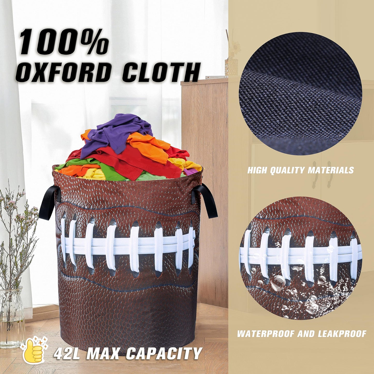 Football Laundry Basket American Ball Foldable Oxford Cloth Funny Tote Bag Laundry Hamper Clothes Storage Bucket Organizer For Bathroom/Laundry Storage/Bedroom 18.9x16.5 Inch