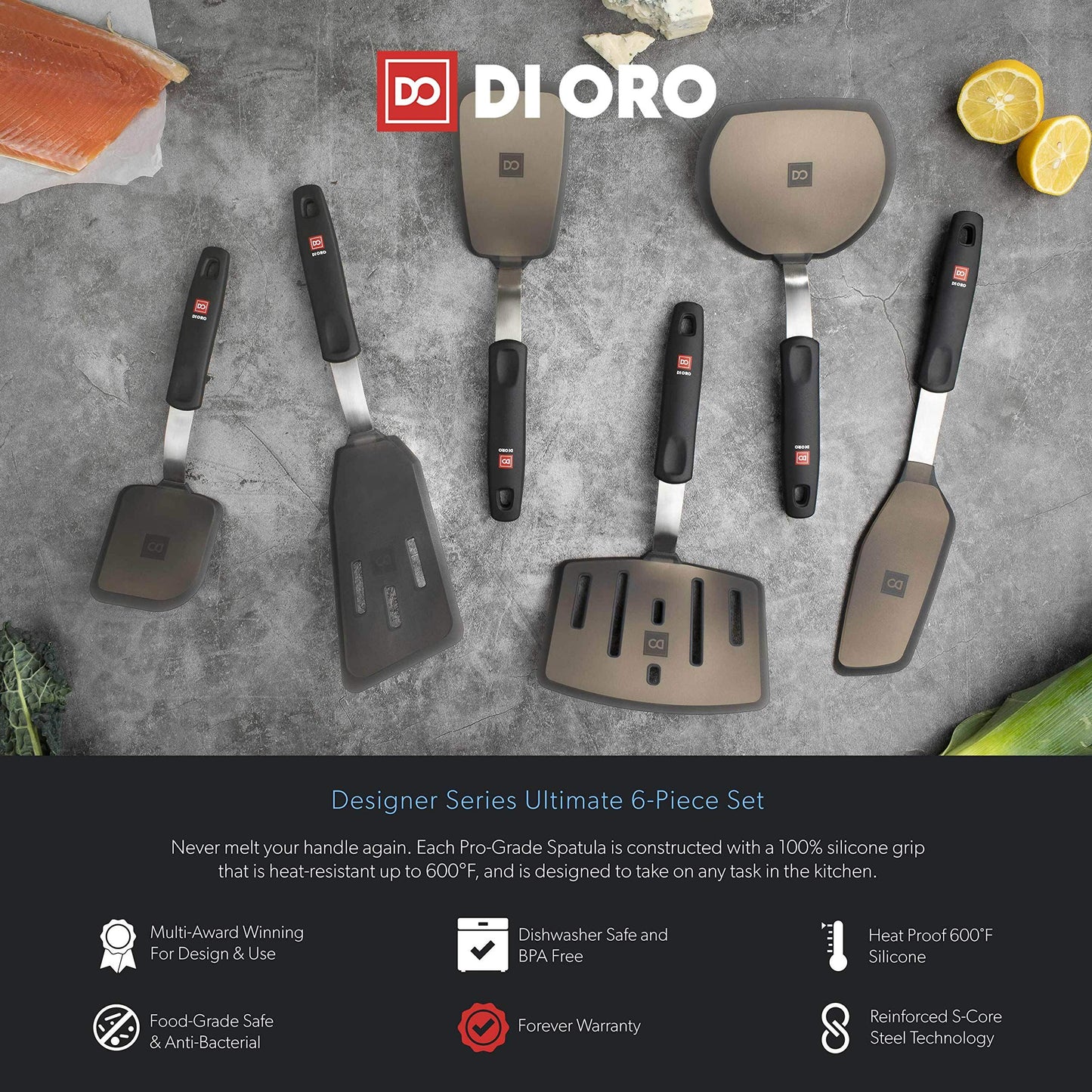 DI ORO Silicone Turner Spatula Set - Forever Warranty - Kitchen Spatulas for Nonstick Cookware - 600°F Heat-Resistant & BPA Free - Flexible & Thin Flippers for Turning Eggs & Pancakes (6 Piece, Black)