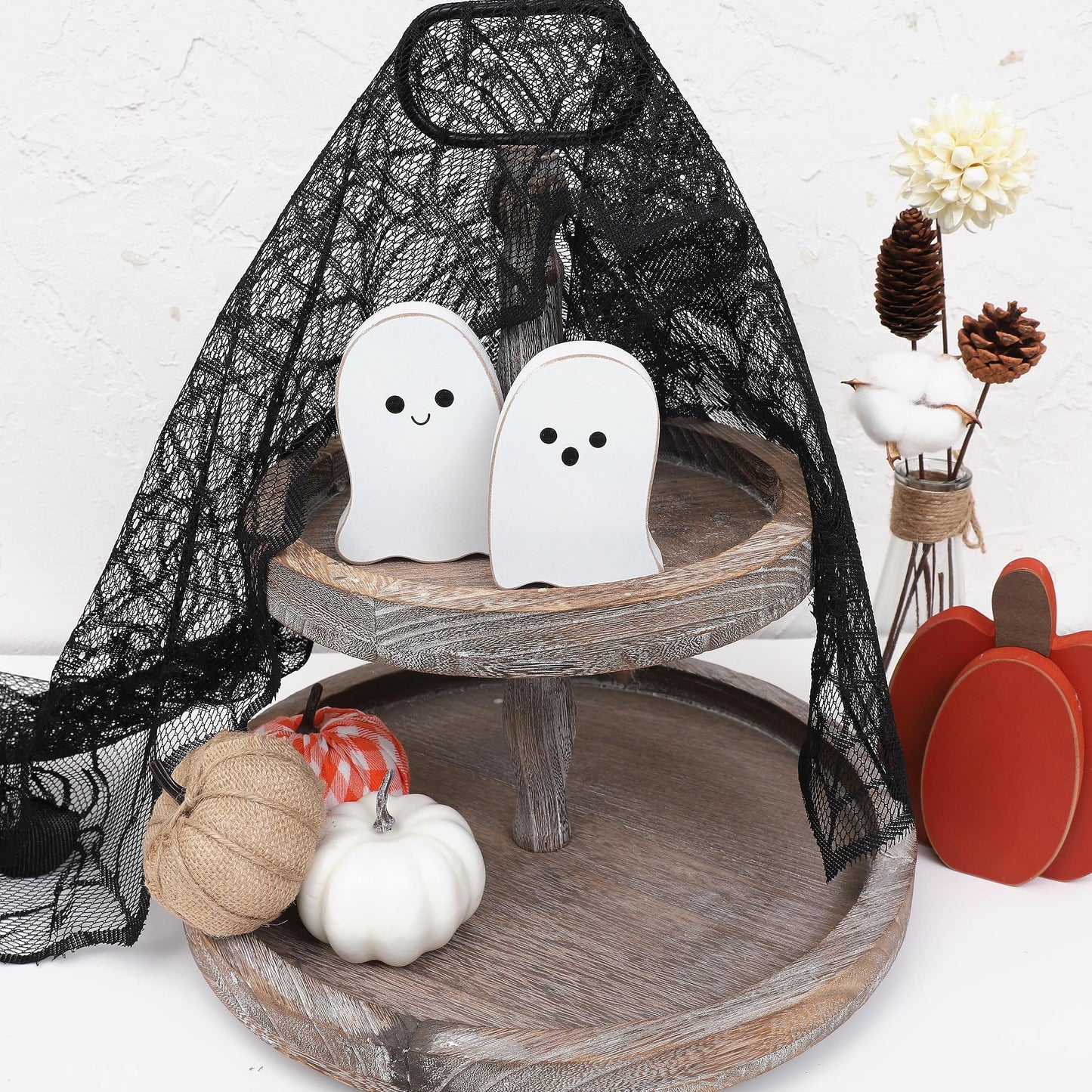 2 Pieces Halloween Decorations Wood Halloween Ghost Sign - Halloween Tiered Tray Decor, Distressed Wood Standing Ghost Sign for Halloween Party, Halloween Table Decor