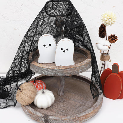 2 Pieces Halloween Decorations Wood Halloween Ghost Sign - Halloween Tiered Tray Decor, Distressed Wood Standing Ghost Sign for Halloween Party, Halloween Table Decor