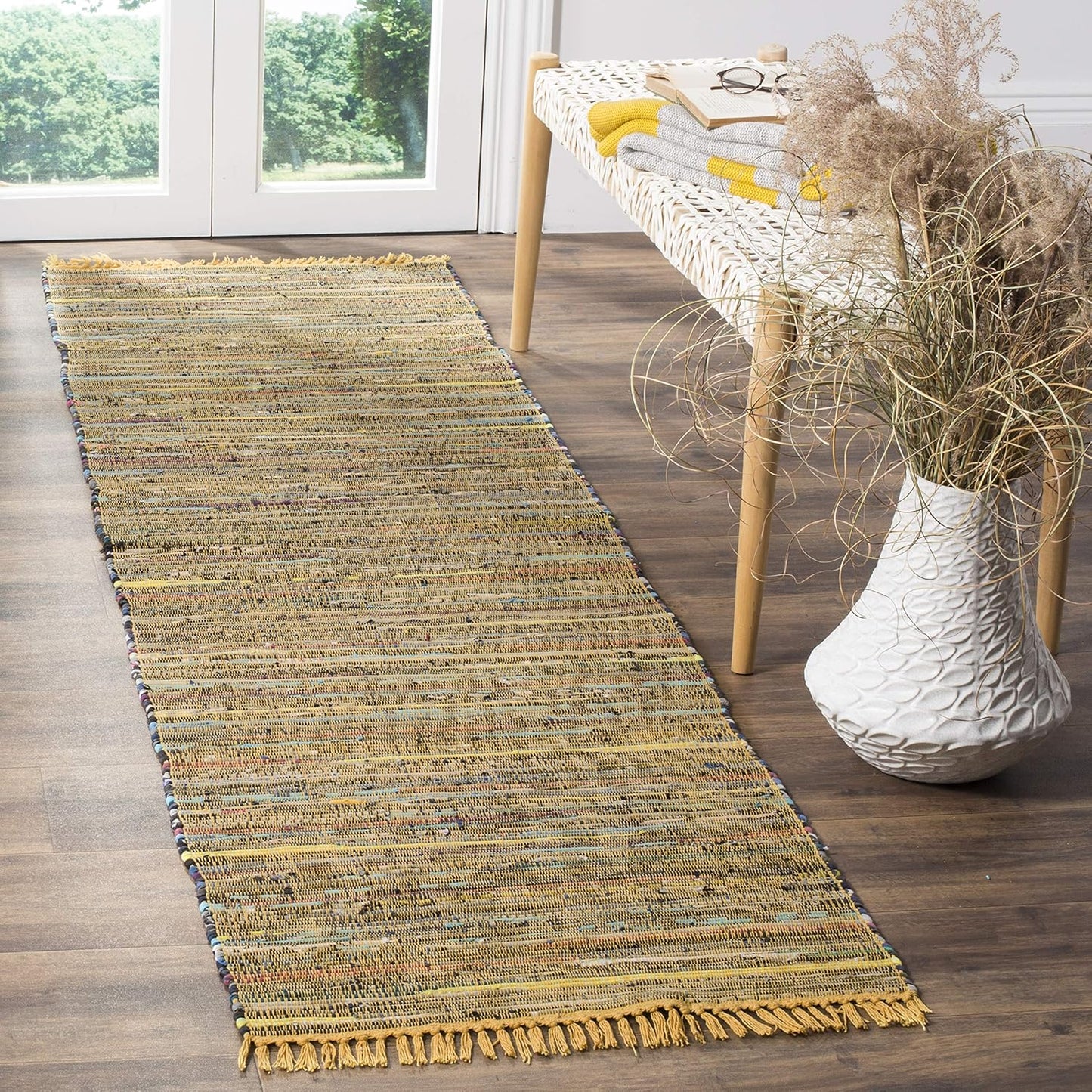 SAFAVIEH Rag Rug Collection Accent Rug - 2'3" x 5', Yellow & Multi, Handmade Boho Stripe Cotton Rug