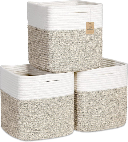 NaturalCozy Storage Cubes - 11 Inch Cotton Rope Baskets for Organizing | 3-Pack Cube Bin Set for Kids, Nursery, Closet