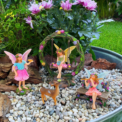 Mood Lab Fairy Garden Figurines with Swing - Miniature Decor Set (6 pcs) - Statues & Accessories - Outdoor & Indoor Garden Decor