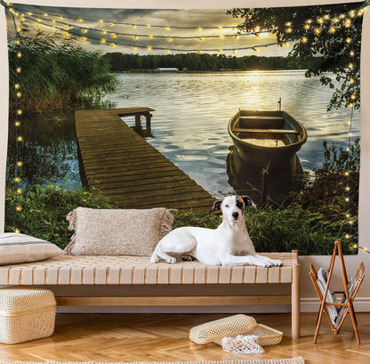 Lunarable Seascape Tapestry Twin Size, Boat at Lake Shore Wooden Pier Sunset Sunbeams Romantic Evening, Wall Hanging Bedspread Bed Cover Wall Decor, Twin Size, Green Yellow