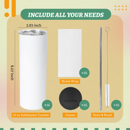 Joyclub 16 Pack Sublimation Tumblers Blanks 20 oz Flat Edge Skinny Straight Sublimation Cups With Lids and Straws for Heat Press No Gift Boxes