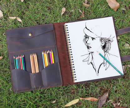 Robrasim Handmade Leather Sketchbook Cover, Artist Sketch Pad Holder for 9"X12" Sketchbook, Drawing Book and Pencil Case, Journal Notebook Portfolio with Shoulder Strap, Artist Gifts, Coffee