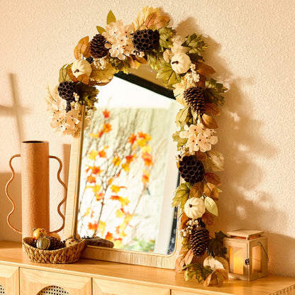 DecorbyHannah Thanksgiving Garland with Lights, 6 ft Artificial Fall Autumn Harvest Garland for Mantel, Fall Decor with Pumpkin Pinecone Lotus Maple Leaves for Front Door Table Fireplace Wall Outdoor