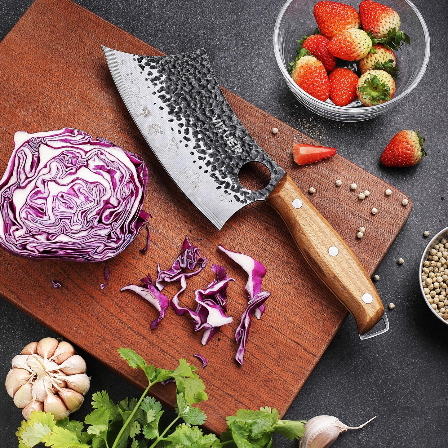 3PCS Butcher Knife Set, Hand Forged 7" Butcher Meat Cleaver, 7" Serbian Chef and 6.5" Viking Knife, Great for Indoor & Outdoor (Stylish Pattern Design)