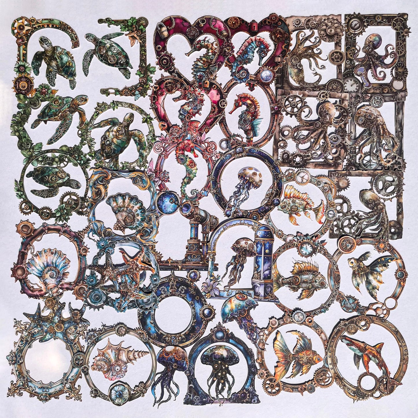 60-Piece Steampunk Ocean Scrapbook Stickers - Self Adhesive Hard Cardstock Victorian Stickers with Nautical Frames, Jellyfish, Seahorses, Fish, Mechanical Elements
