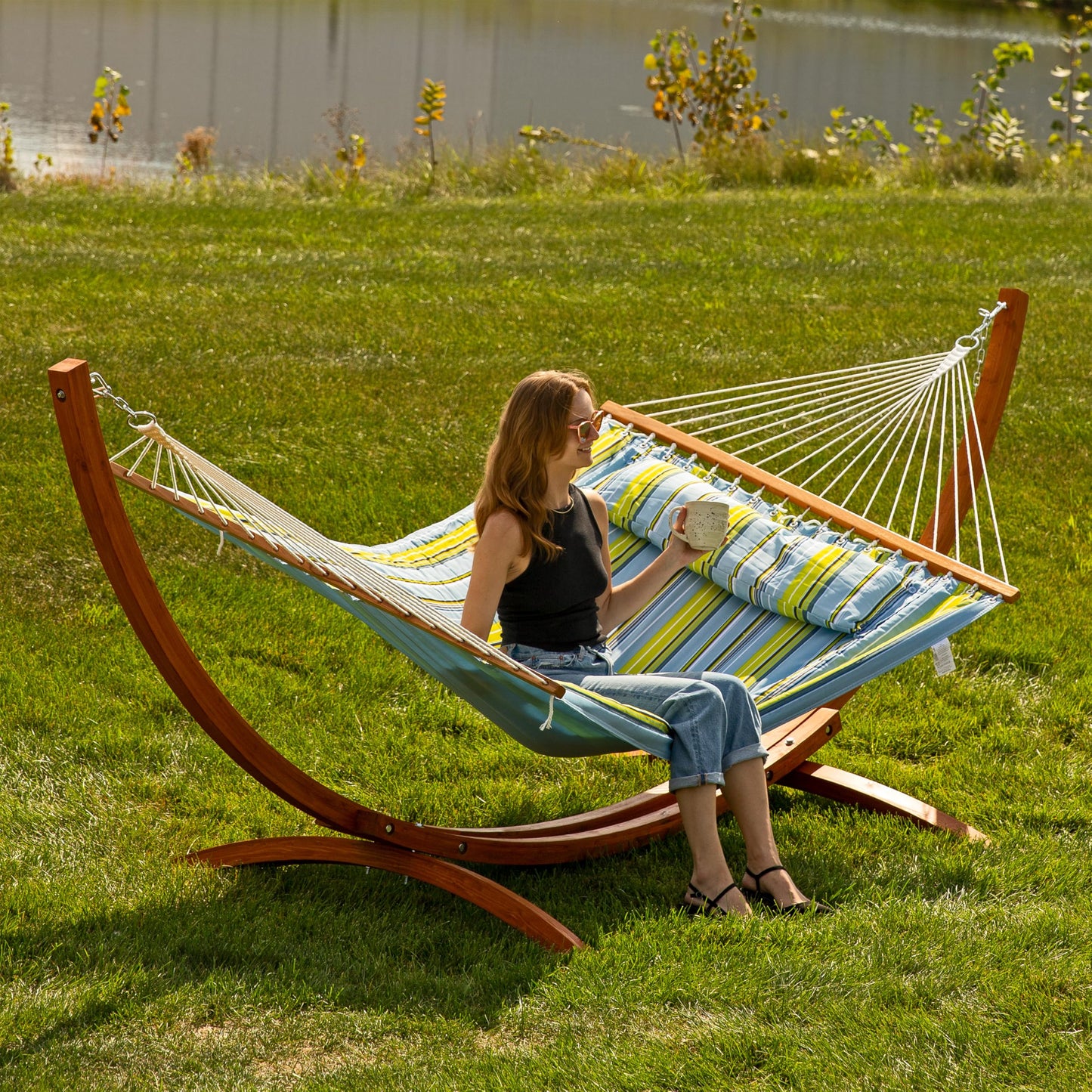 Sunnydaze Curved Wood Hammock Stand Only - 2-Person Wooden Hammock Stand for Outside with 400-Pound Capacity- 13-Foot