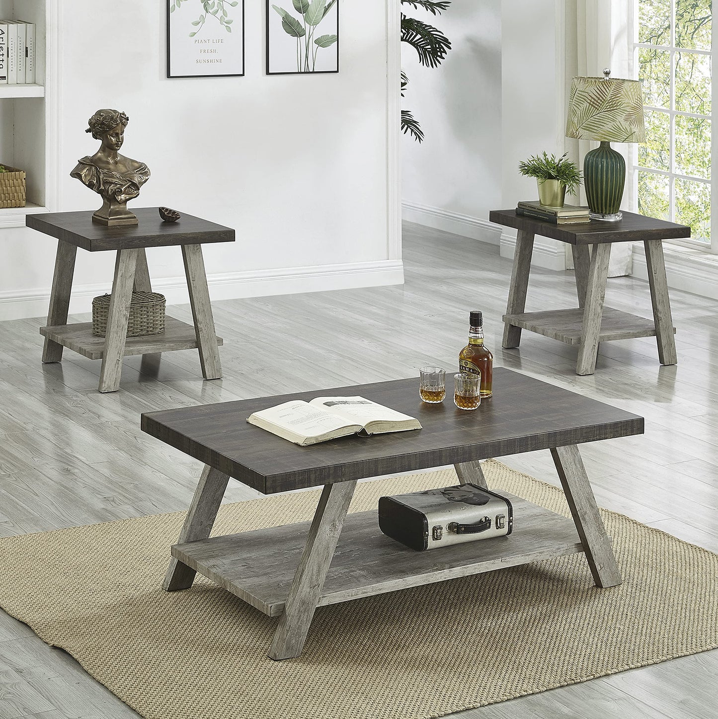 Roundhill Furniture Athens Contemporary 3-Piece Wood Shelf Coffee Table Set, Weathered Walnut and Gray