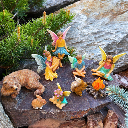 Mood Lab Fairy Garden Figurines - Camping Set (9 pcs) - Miniature Decorative Statues & Accessories - Outdoor & Indoor Garden Decor