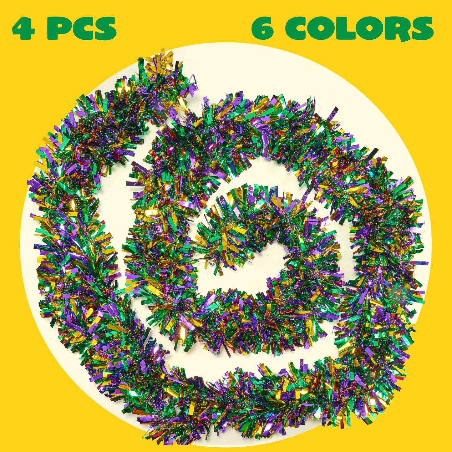 JOYIN 4 Pcs Mardi Gras Tinsel Garland, 66 Ft Gold Green Purple Metallic Streamers for Sparkling Glittering Hanging Decorations, Indoor Outdoor Mardi Gras Party Decorations Carnival Accessories