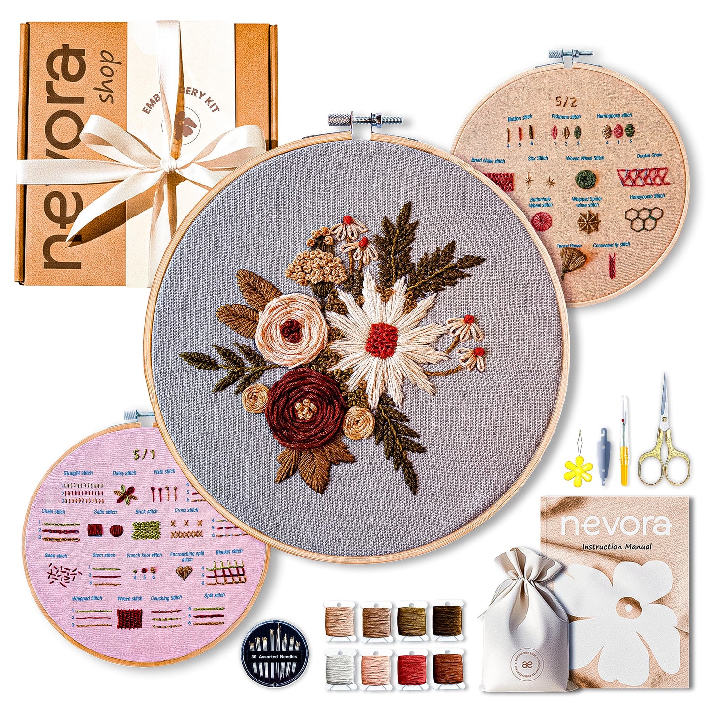 nevora shop 3 Hoop Embroidery Kit for Beginners Adults - Learn 32 Stitches with 3 Progressive Projects, Stamped Patterns, Video Tutorial & Free Organizer Bag.