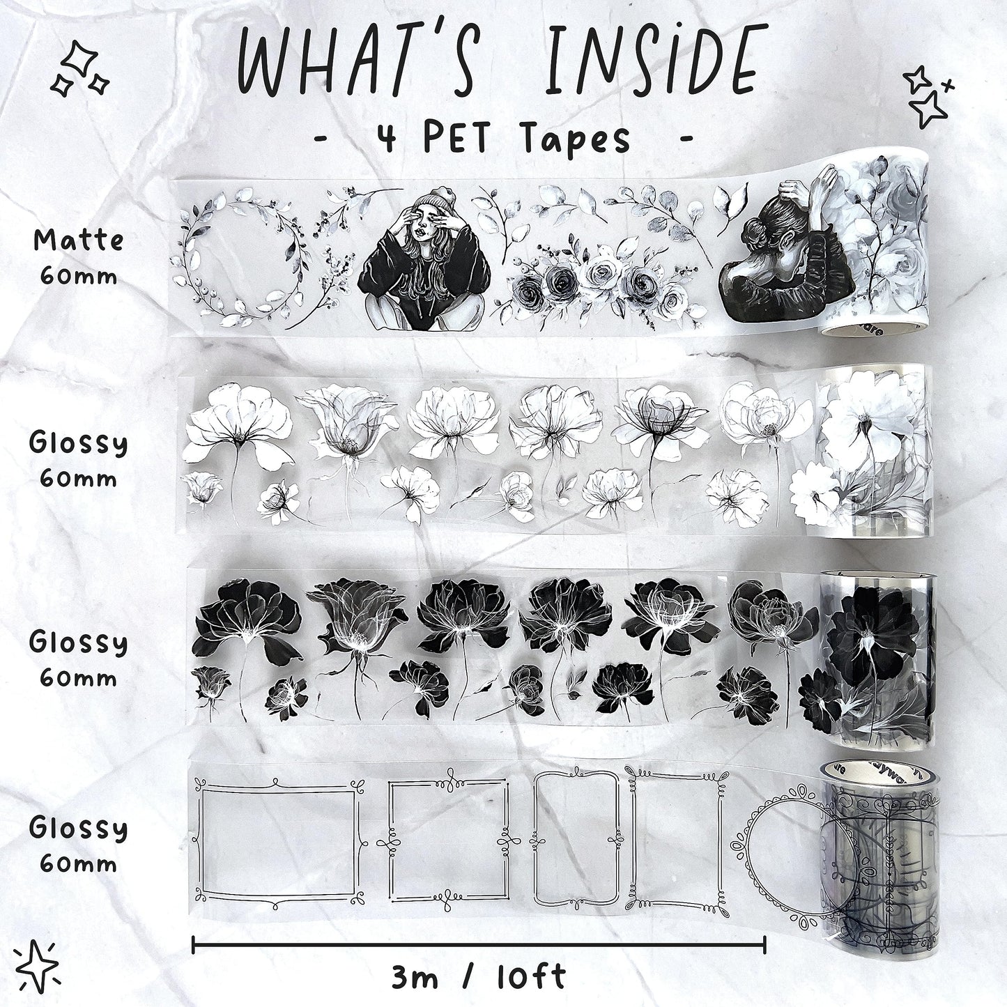 Fayware 4 PET Tapes for Journaling and Scrapbooking - Black & White Junk Journal Supplies for DIY Arts & Crafts Projects