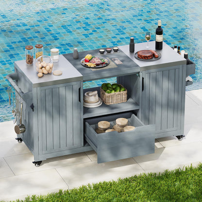 Merax Outdoor Grill Table for Big Green Egg Grills, 66.5" Patio Kitchen Island on Wheels with Stainless Steel Tabletop,Drawer and Spice Rack, Solid Wood Outdoor Storage Cabinet for Backyard, Grey Blue
