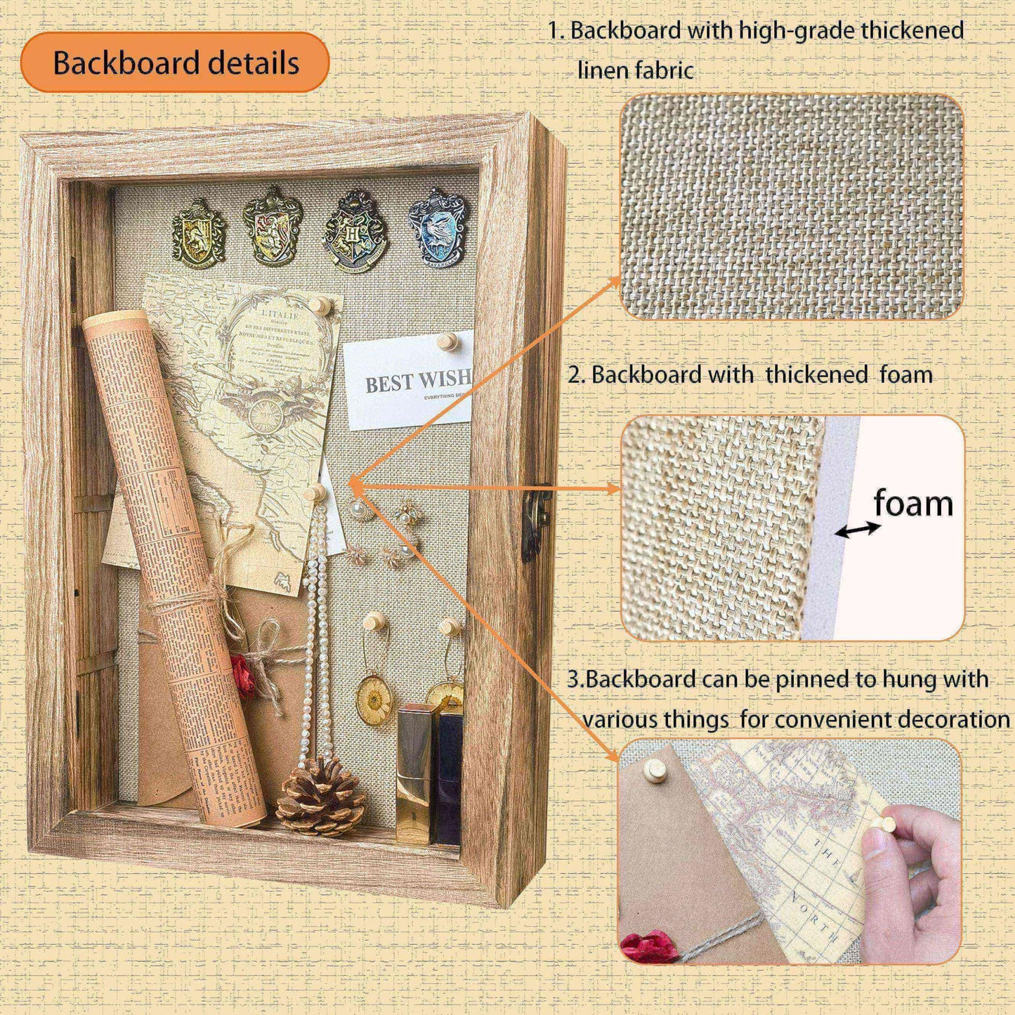 Houstimi Original Wood Shadow Box Frame 16x20 Shadow Box with Shelves 2.6" Interior Depth Memorial Shadow Box with Linen Back for Handicrafts,Picture Frames,Medals,Coins,Pins Collection and More