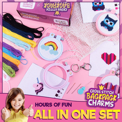 CRAFTILOO Cross Stitch Kit for Kids - 5 Easy Stamped Cross Stitch Kits for Beginners | Embroidery Kit for Girls Ages 7-13 | Needlepoint Craft Set, Backpack Charms & Keychains