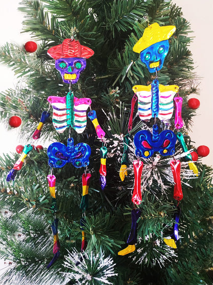 Mexican Tin Ornaments - Day of The Dead Decorations, Two Skeletons, Christmas Decor, Dia de Muertos, Sugar Skull for Tree, Calaveras de Azucar
