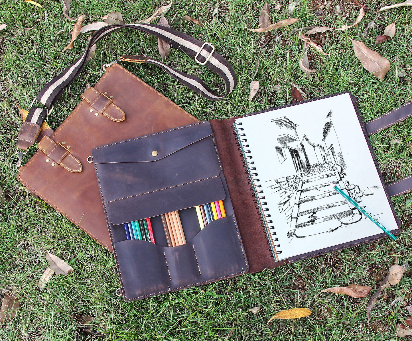 Robrasim Handmade Leather Sketchbook Cover, Artist Sketch Pad Holder for 9"X12" Sketchbook, Drawing Book and Pencil Case, Journal Notebook Portfolio with Shoulder Strap, Artist Gifts, Coffee