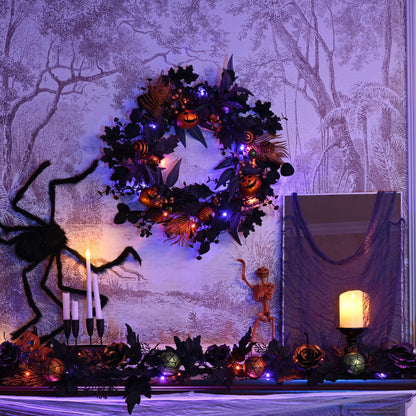 Valery Madelyn Halloween Decorations Value Bundle (2 Items), 24 Inch Halloween Wreath for Front Door & 6 Feet Halloween Garland for Holiday Party Indoor Home Decor