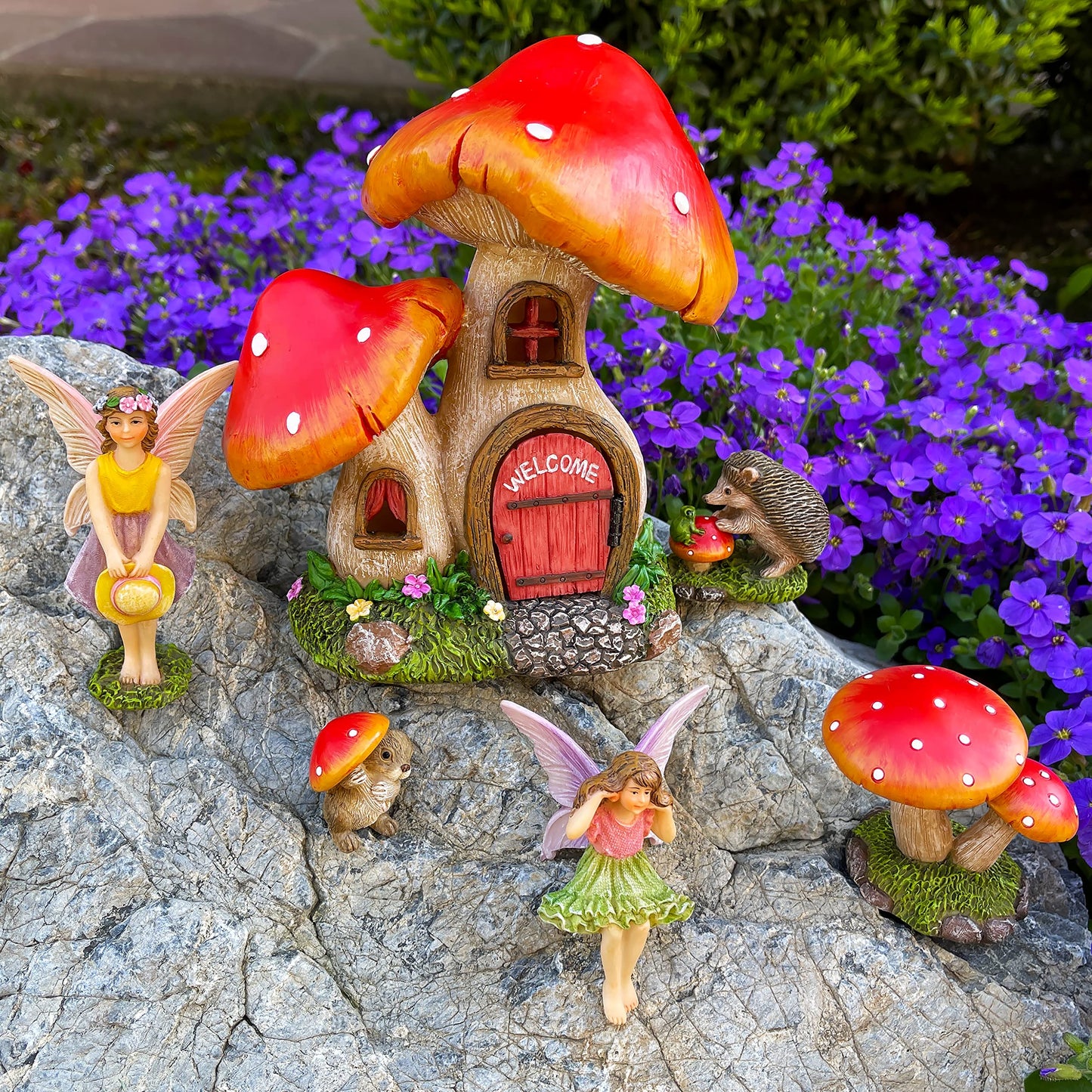 Mood Lab Fairy Garden Figurines - Mushroom House Set (6 pcs) - Miniature Decorative Statues & Accessories - Outdoor & Indoor Garden Decor