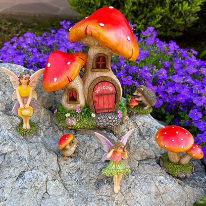 Mood Lab Fairy Garden Figurines - Mushroom House Set (6 pcs) - Miniature Decorative Statues & Accessories - Outdoor & Indoor Garden Decor
