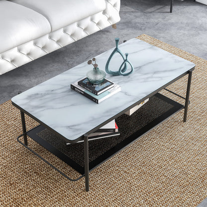 Furniture of America Basil Industrial 1-Shelf, Faux Marble Top Steel 48 in. Rectangle Coffee Table for Living, Bedroom, Reception Room, Black and White