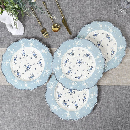 fanquare 10 Inch Porcelain Dinner Plates Set of 4, Lace Dishes Set for Salad, Pasta, Soup, Dessert, Blue Roses