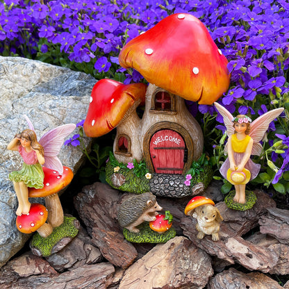 Mood Lab Fairy Garden Figurines - Mushroom House Set (6 pcs) - Miniature Decorative Statues & Accessories - Outdoor & Indoor Garden Decor