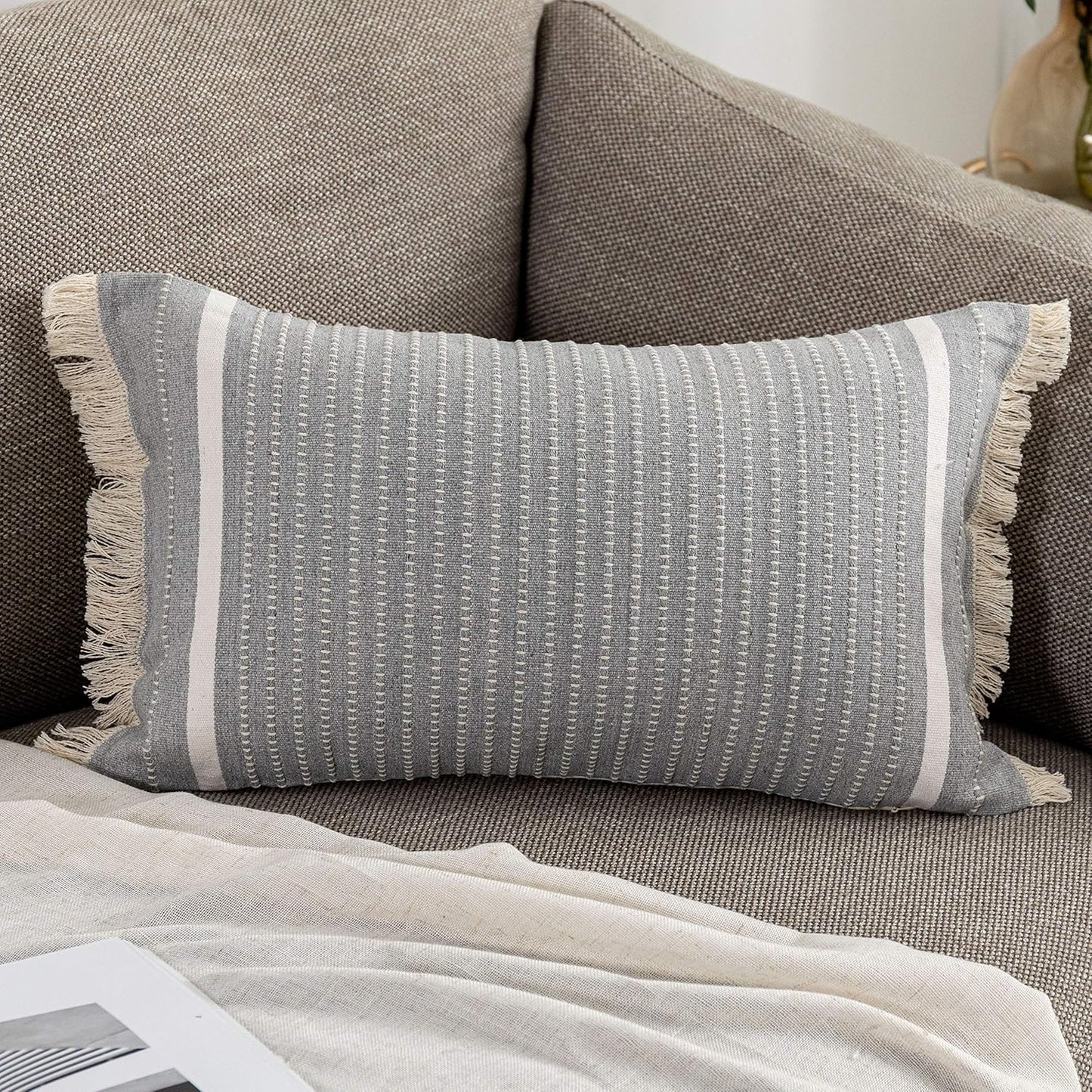 12 20 Inches, OJIA Modern Throw Pillow Cover with Tassels, Decorative Liana Fringe Accent Cushion Case, Farmhouse Woven