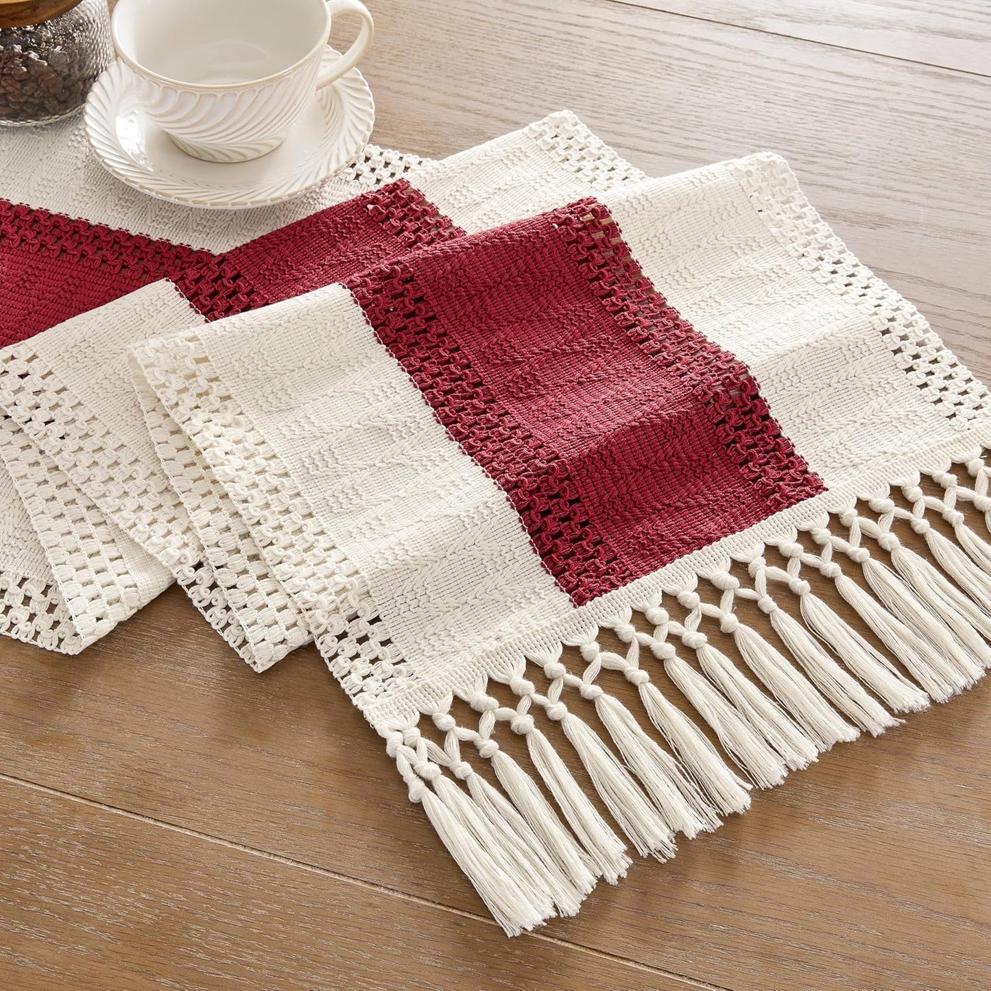 14 72 Inch 72 Inches ZeeMart Macrame Style Bicolor Stitching Table Runner, x Red/Ivory, Boho Red Table Runners Long