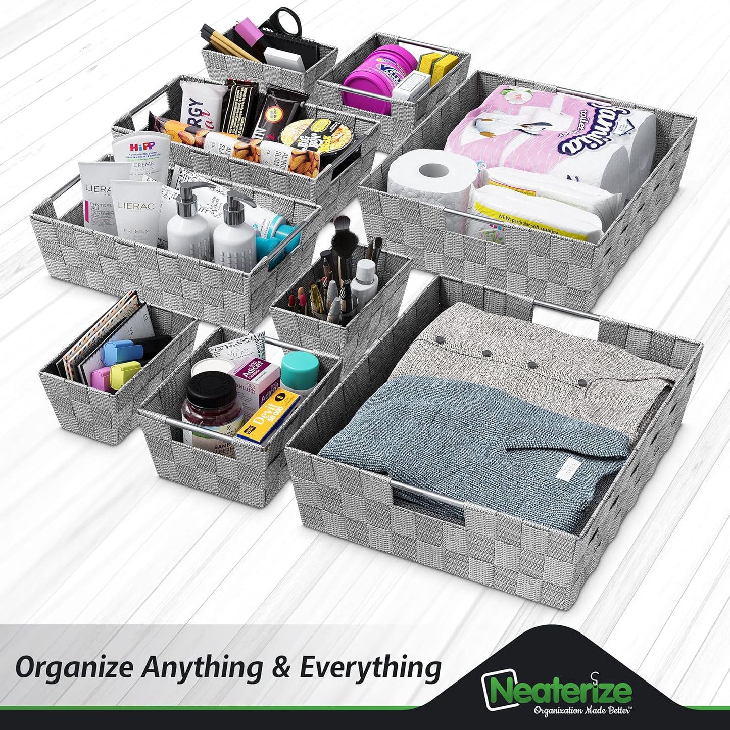 NEATERIZE Closet Organization and Storage Baskets, Set of 9 for Bathroom, Laundry, Baby Nursery, Dark Grey