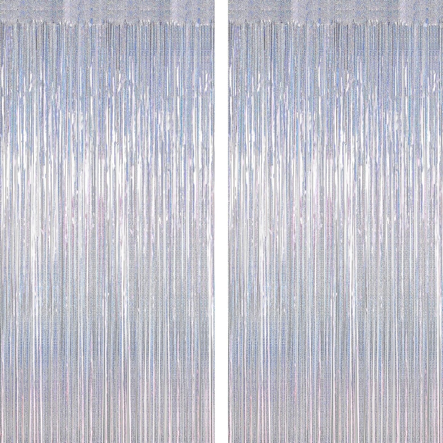 Skiennix Silver Metallic Tinsel Foil Curtains - 2 Pack Glitter Fringe Backdrop | 3.28 FT x 7.05 FT for NYE & Birthday Parties