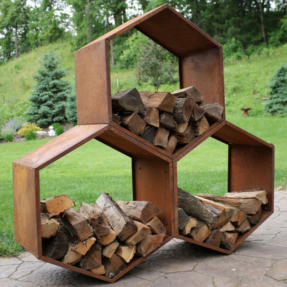 Sunnydaze Outdoor Firewood Rack - Rustic Fire Wood Holder - Hexagon Log Holder - Steel Log Rack for Firewood Storage - Set of 3