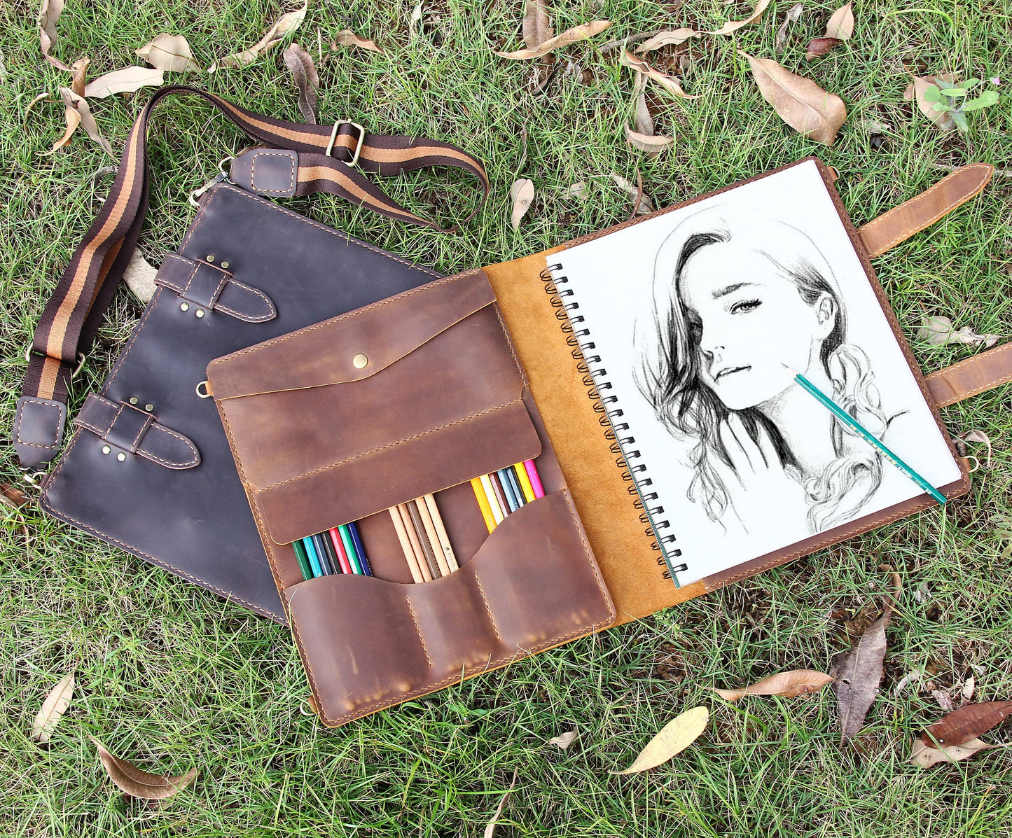 Robrasim Handmade Leather Sketchbook Cover, Artist Sketch Pad Holder for 9"X12" Sketchbook, Drawing Book and Pencil Case, Journal Notebook Portfolio with Shoulder Strap, Artist Gifts, Brown